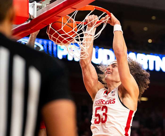 Mar 3, 2024; Lincoln, Nebraska, USA; Nebraska Cornhuskers forward Josiah Allick (53) dunks the ball against the Rutgers Scarlet Knights during the first half at Pinnacle Bank Arena.